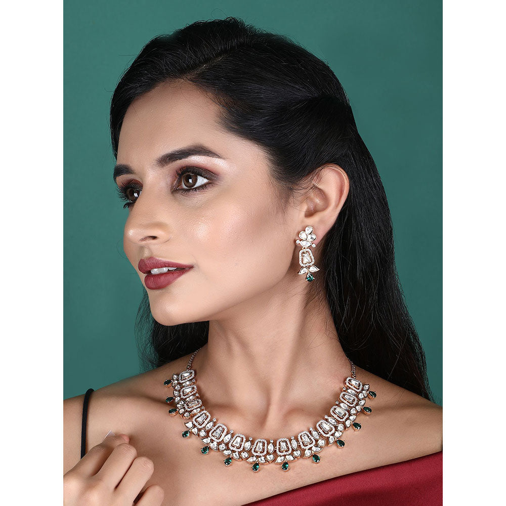 Auraa Trends Rhodium Plated American Diamond Zircon Green Necklace Set For Women & Girls