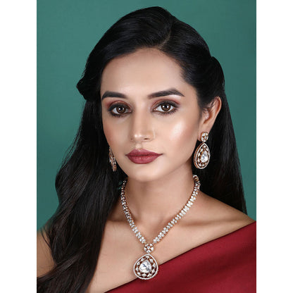 Auraa Trends Rhodium Plated American Diamond Zircon Necklace Set For Women & Girls