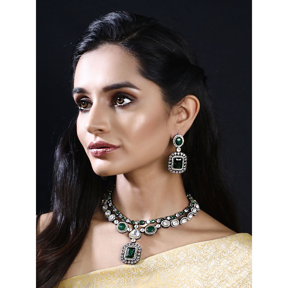 Auraa Trends Rhodium Plated American Diamond Zircon Green Necklace Set For Women & Girls