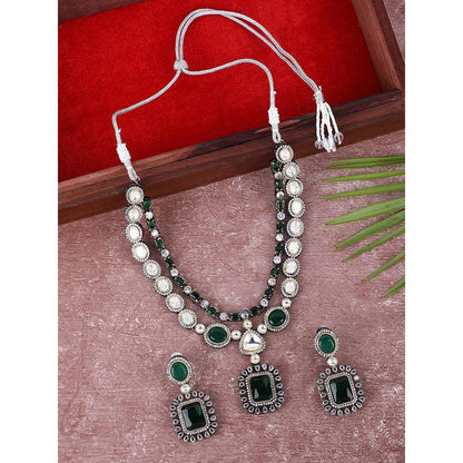 Auraa Trends Rhodium Plated American Diamond Zircon Green Necklace Set For Women & Girls