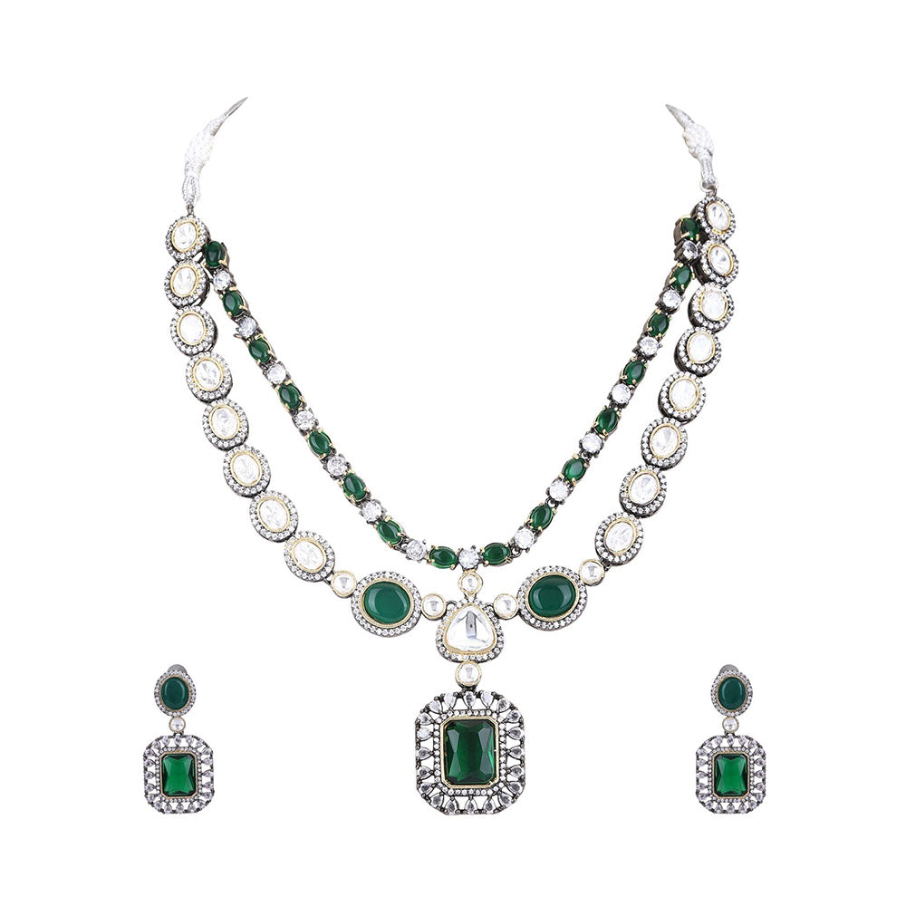 Auraa Trends Rhodium Plated American Diamond Zircon Green Necklace Set For Women & Girls