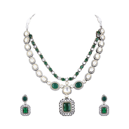 Auraa Trends Rhodium Plated American Diamond Zircon Green Necklace Set For Women & Girls