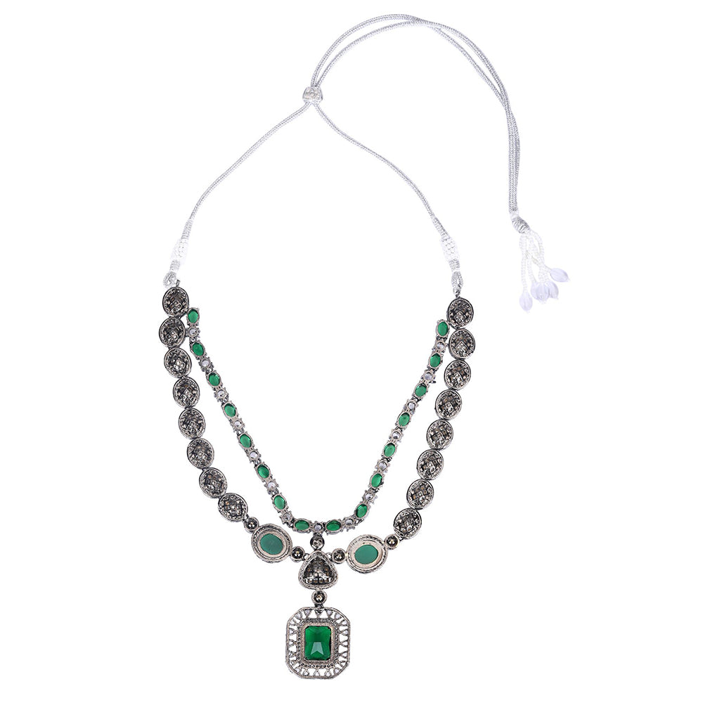 Auraa Trends Rhodium Plated American Diamond Zircon Green Necklace Set For Women & Girls