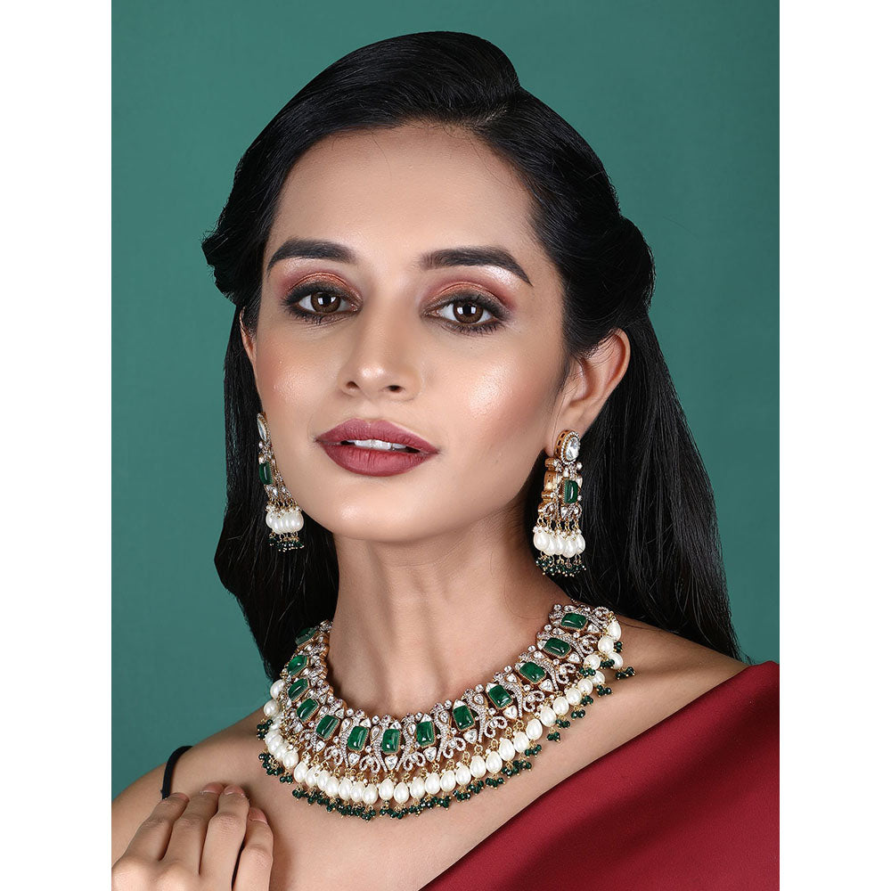 Auraa Trends 22Kt Gold Plated Kundan Classic Green Necklace Set For Women & Girls
