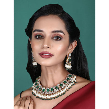 Auraa Trends 22Kt Gold Plated Kundan Classic Green Necklace Set For Women & Girls