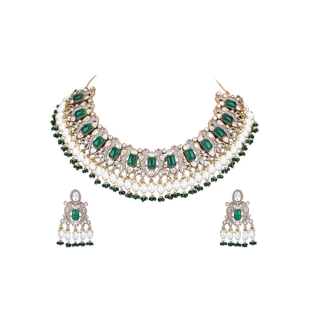 Auraa Trends 22Kt Gold Plated Kundan Classic Green Necklace Set For Women & Girls