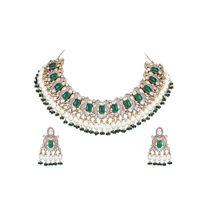 Auraa Trends 22Kt Gold Plated Kundan Classic Green Necklace Set For Women & Girls