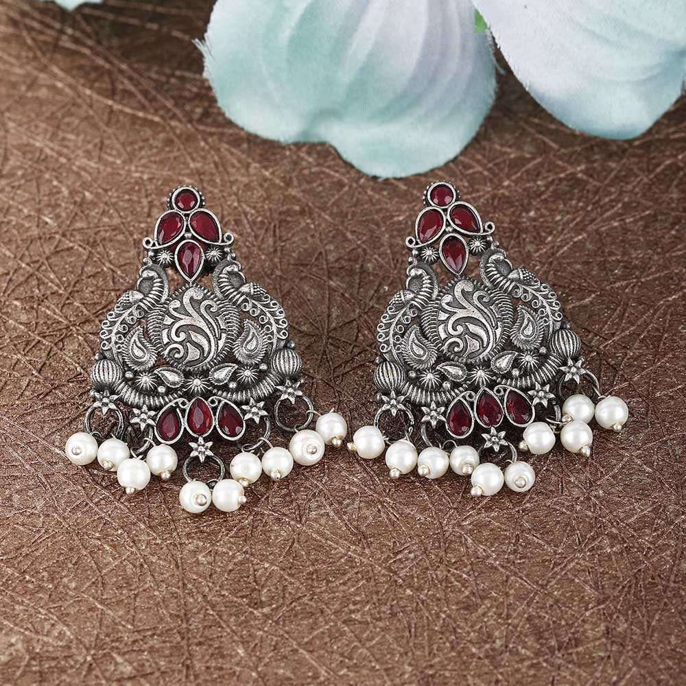 Auraa Trends Classic Oxidised Red and Pearls Drop Earrings For women