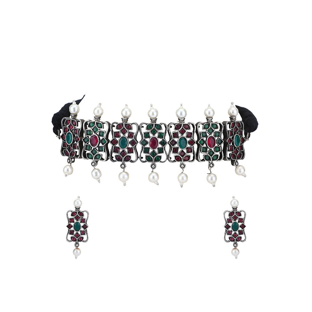 Auraa Trends Elegant Oxidised Multi-Color Pearls Choker Set For women