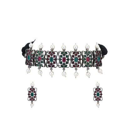 Auraa Trends Elegant Oxidised Multi-Color Pearls Choker Set For women