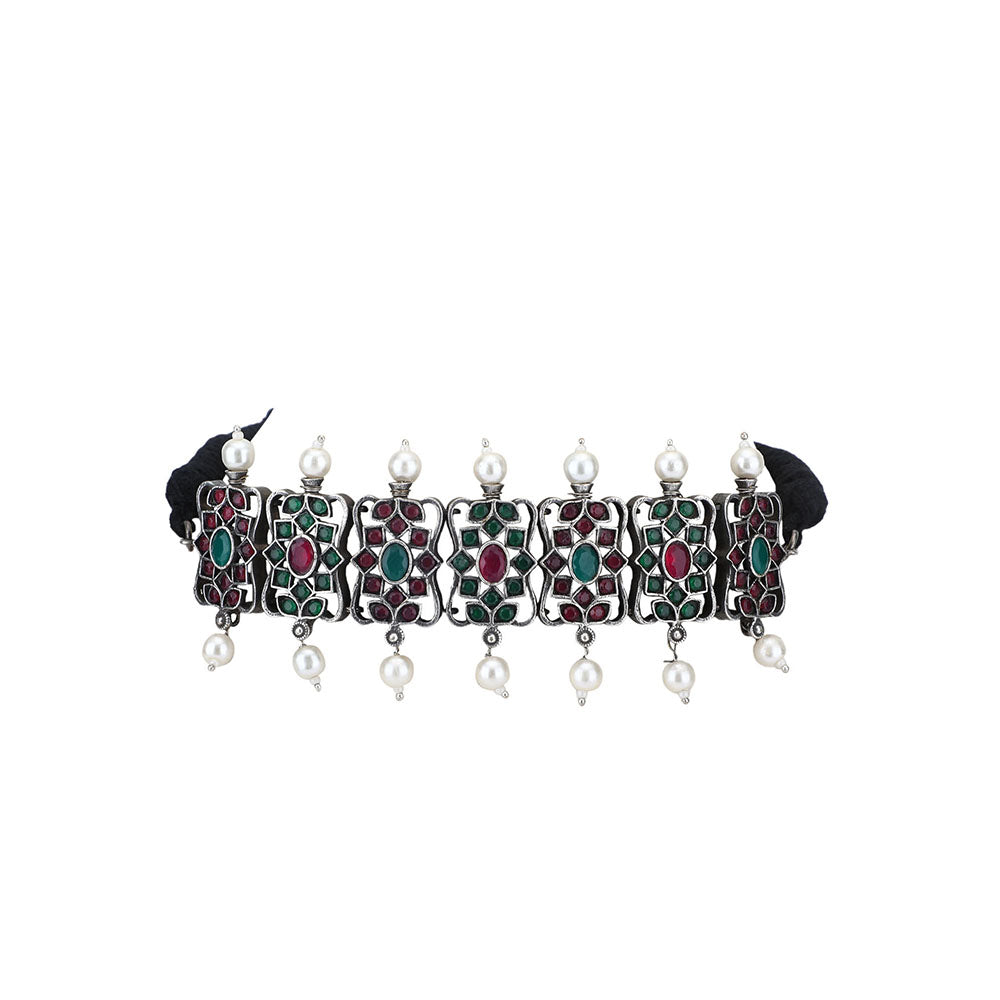 Auraa Trends Elegant Oxidised Multi-Color Pearls Choker Set For women