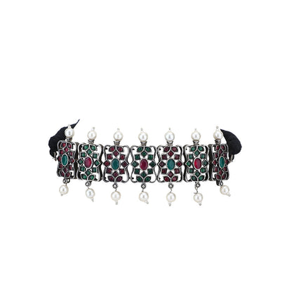 Auraa Trends Elegant Oxidised Multi-Color Pearls Choker Set For women