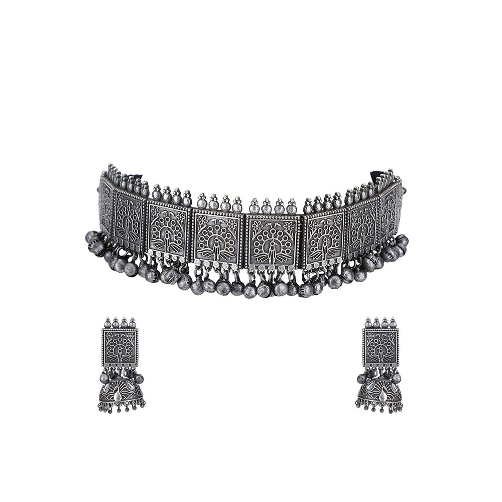 Auraa Trends Classic Oxidised Grey Choker Necklace Set For women