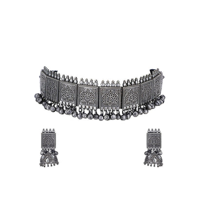 Auraa Trends Classic Oxidised Grey Choker Necklace Set For women