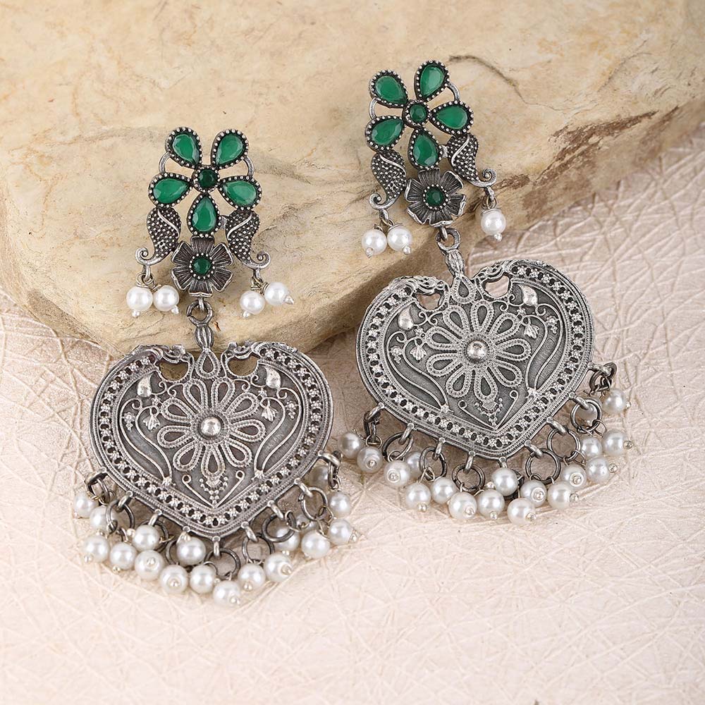 Auraa Trends Elegant Oxidised Green and White Pearls Earrings For women