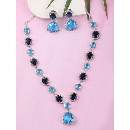 Auraa Trends Rhodium Plated American Diamond Zircon Blue Necklace Set for women