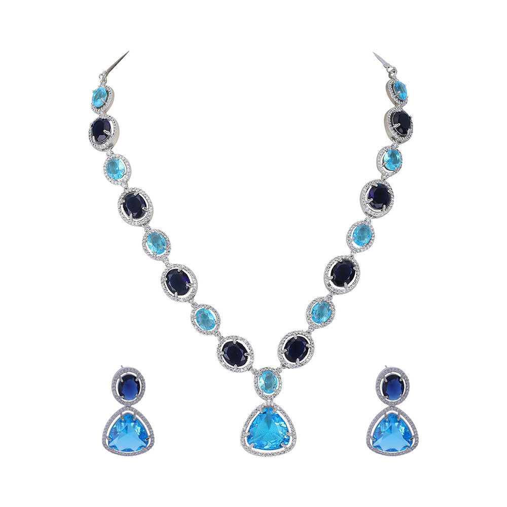 Auraa Trends Rhodium Plated American Diamond Zircon Blue Necklace Set for women