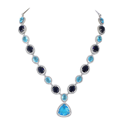 Auraa Trends Rhodium Plated American Diamond Zircon Blue Necklace Set for women