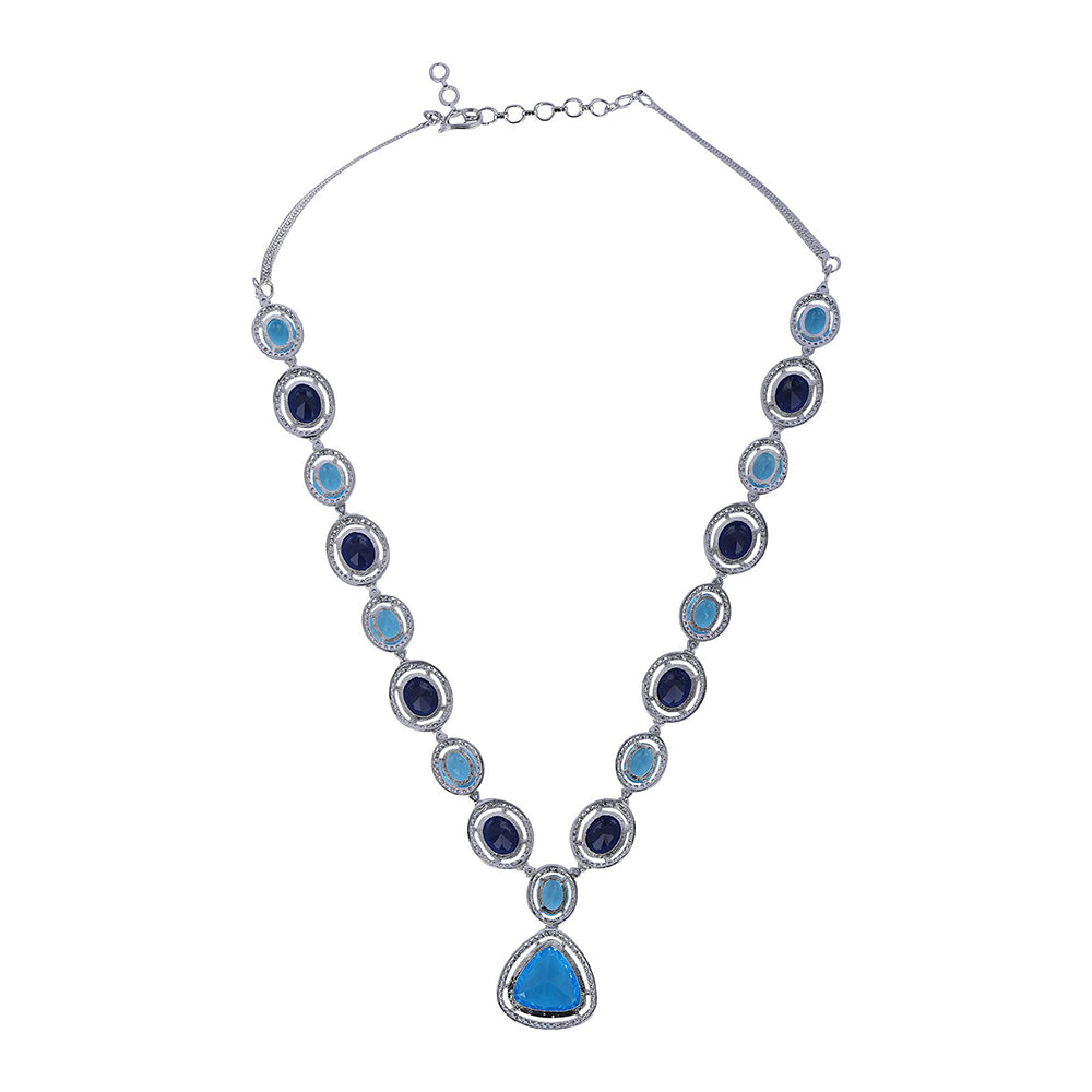 Auraa Trends Rhodium Plated American Diamond Zircon Blue Necklace Set for women