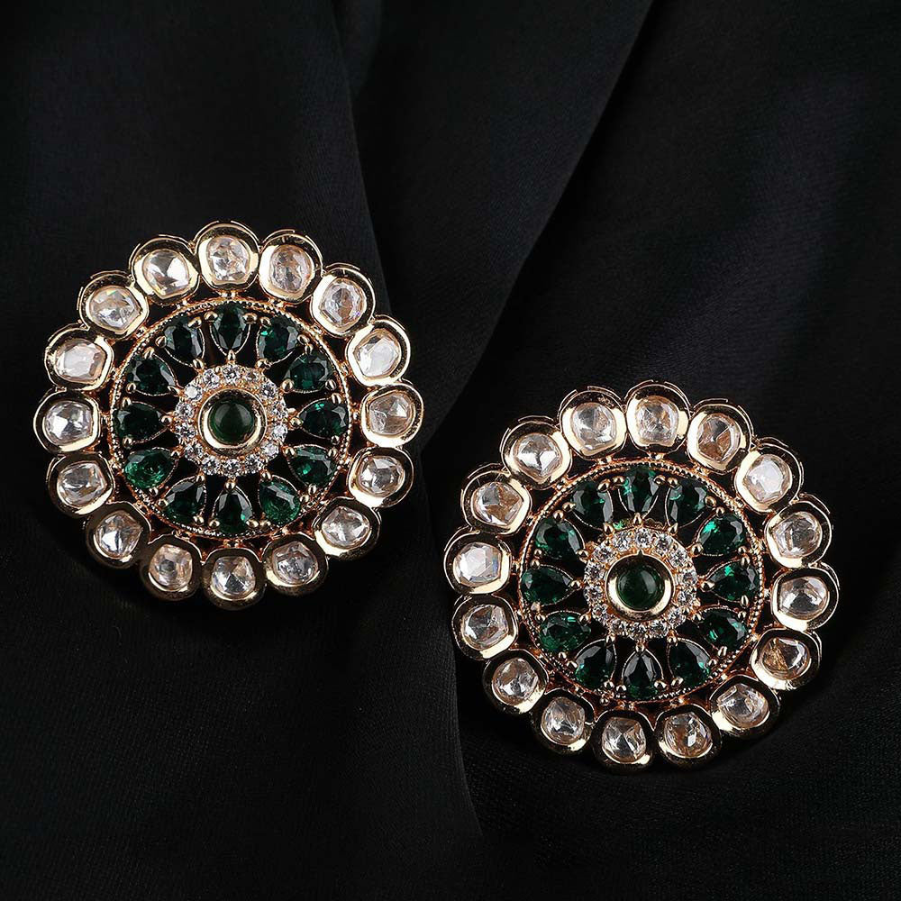 Auraa Trends 22KT Gold Plated Classic Kundan Green Studs Earrings Set for women
