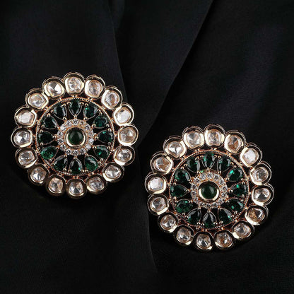 Auraa Trends 22KT Gold Plated Classic Kundan Green Studs Earrings Set for women