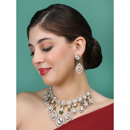 Auraa Trends Rhodium Plated American Diamond Green Necklace Set for women