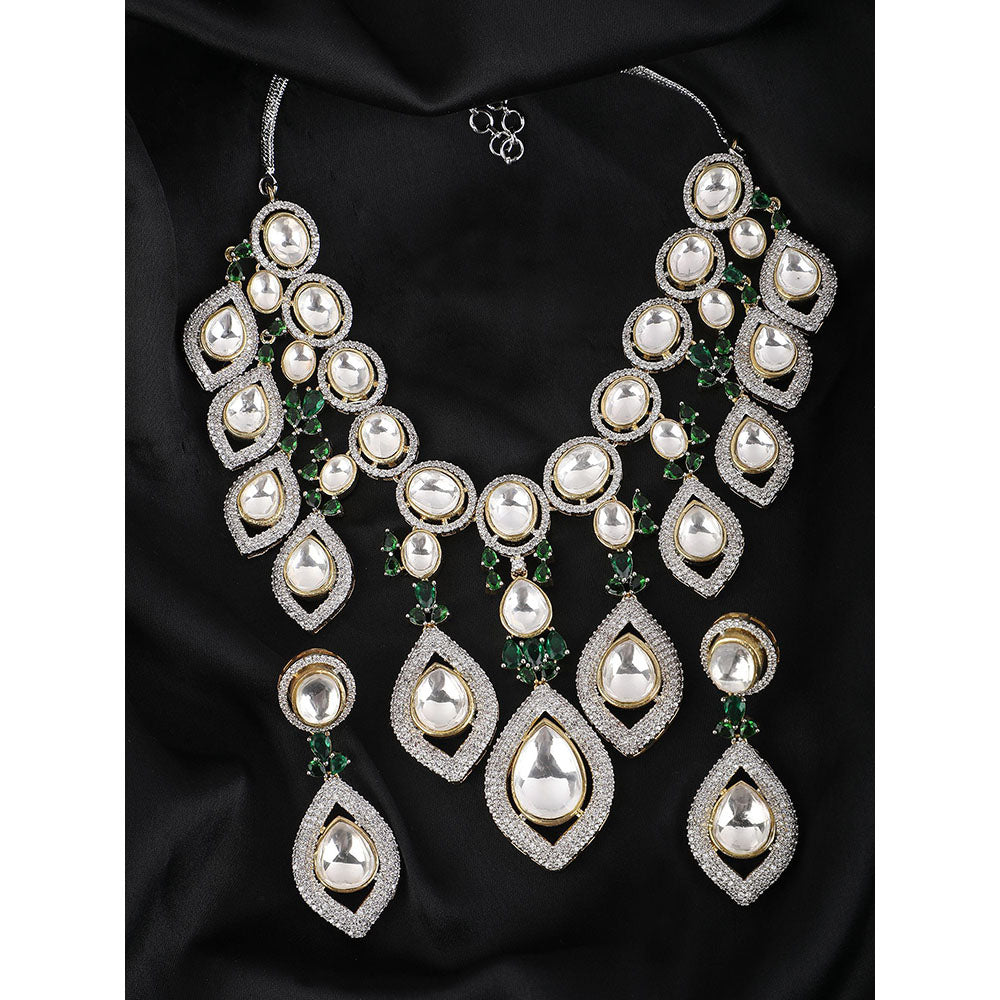 Auraa Trends Rhodium Plated American Diamond Green Necklace Set for women