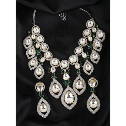 Auraa Trends Rhodium Plated American Diamond Green Necklace Set for women