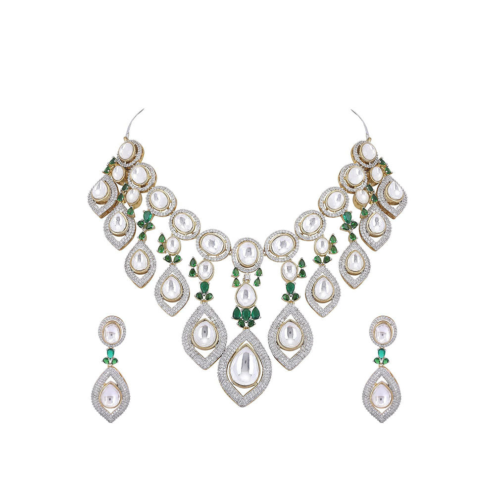 Auraa Trends Rhodium Plated American Diamond Green Necklace Set for women