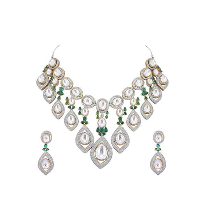 Auraa Trends Rhodium Plated American Diamond Green Necklace Set for women