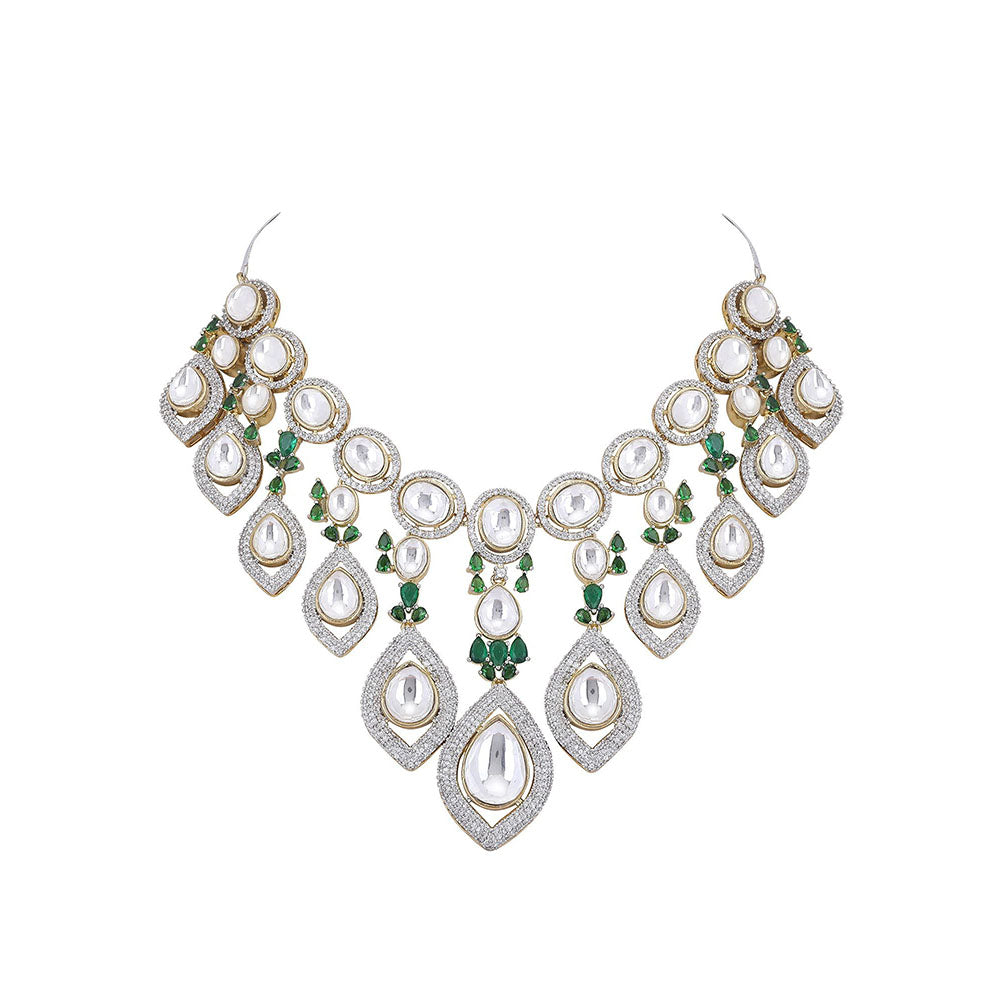 Auraa Trends Rhodium Plated American Diamond Green Necklace Set for women