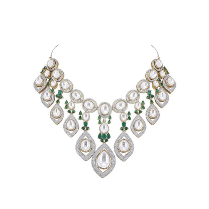 Auraa Trends Rhodium Plated American Diamond Green Necklace Set for women