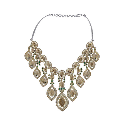 Auraa Trends Rhodium Plated American Diamond Green Necklace Set for women