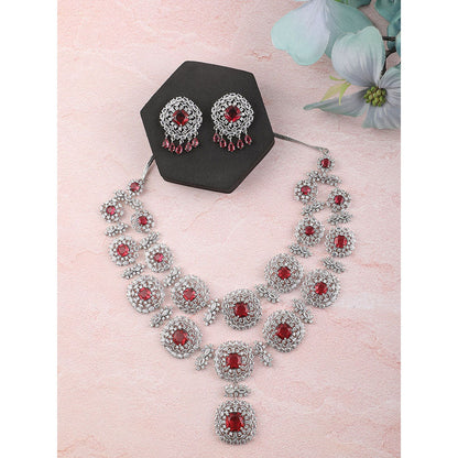 Auraa Trends Rhodium Plated American Diamond Zircon Red Necklace Set for women