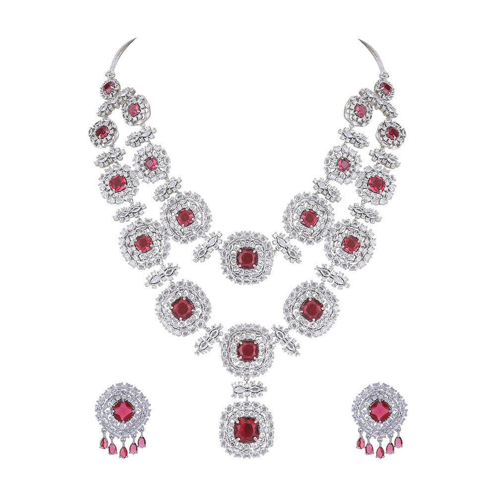 Auraa Trends Rhodium Plated American Diamond Zircon Red Necklace Set for women