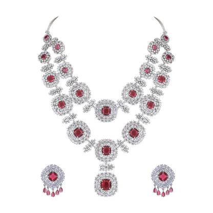 Auraa Trends Rhodium Plated American Diamond Zircon Red Necklace Set for women