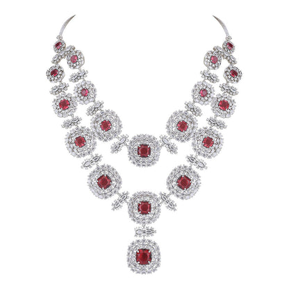 Auraa Trends Rhodium Plated American Diamond Zircon Red Necklace Set for women
