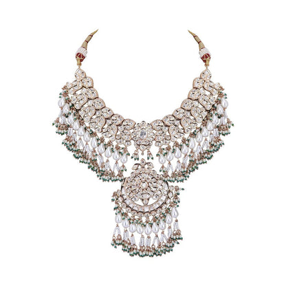 Auraa Trends 22KT Gold Plated Kundan Classic White and Green Necklace Set for women