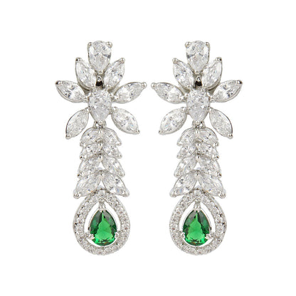 Auraa Trends Rhodium Plated American Diamond Zircon Green Necklace and Earrings (Set of 2)