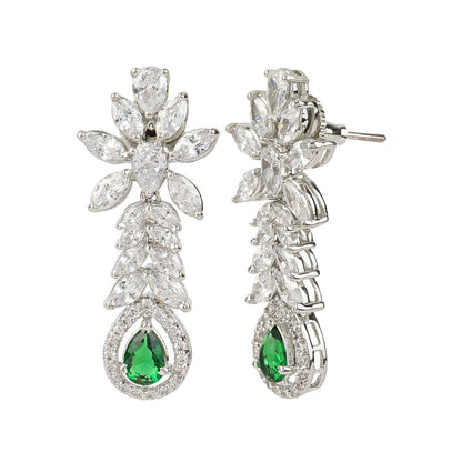 Auraa Trends Rhodium Plated American Diamond Zircon Green Necklace and Earrings (Set of 2)