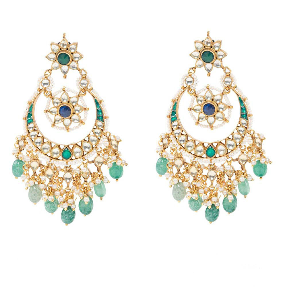 Auraa Trends 22K Gold Plated Classic Kundan Green Chandbali Earrings