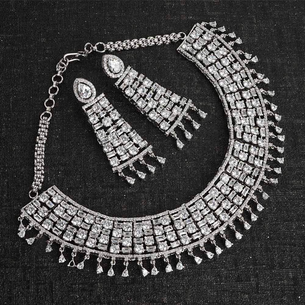 Auraa Trends Rhodium Plated American Diamond Zircon White Necklace Set for Women