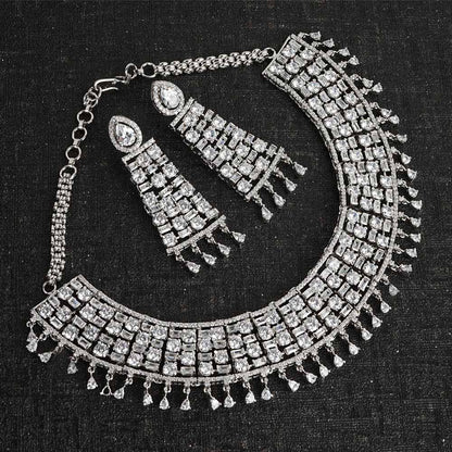 Auraa Trends Rhodium Plated American Diamond Zircon White Necklace Set for Women