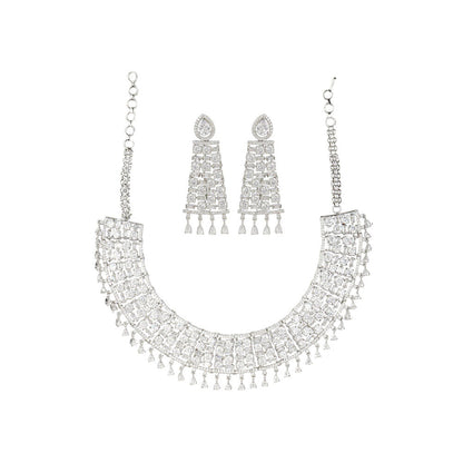 Auraa Trends Rhodium Plated American Diamond Zircon White Necklace Set for Women