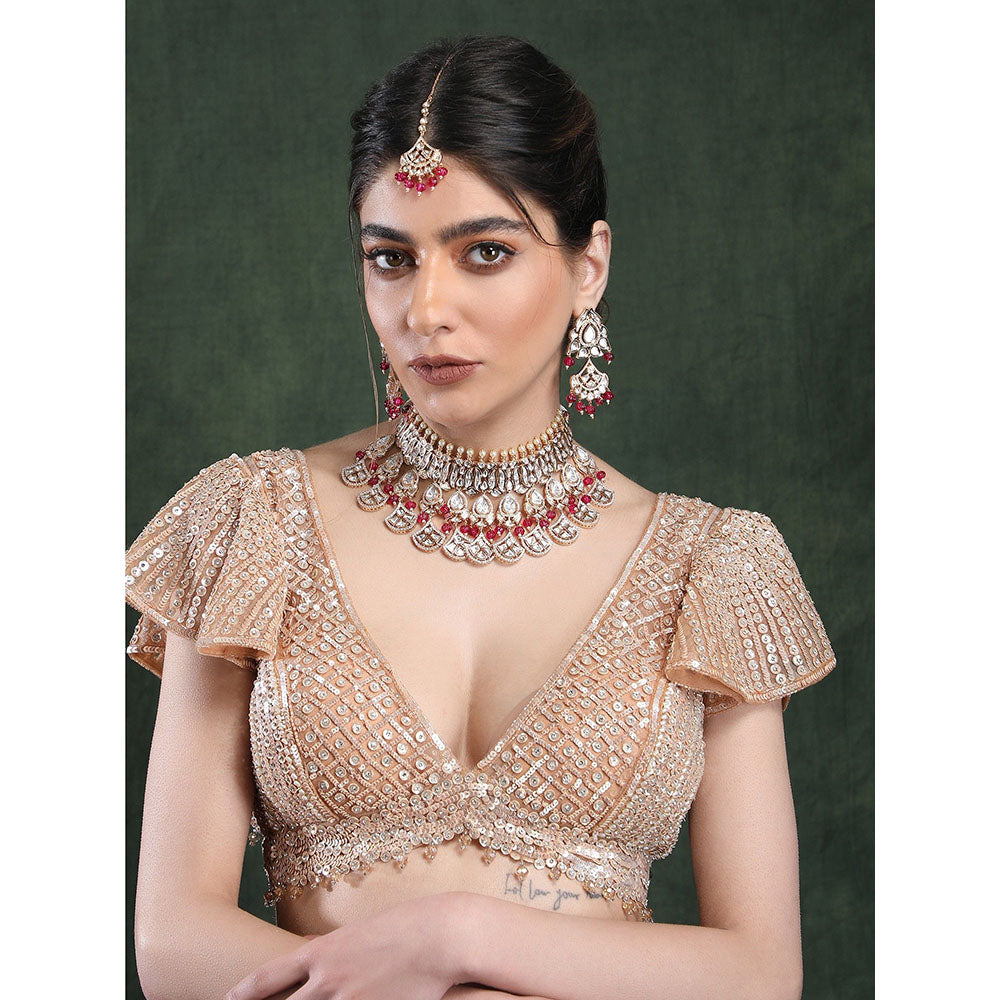 Auraa Trends 22Kt Gold Plated Kundan Red Beads Jewellery Set