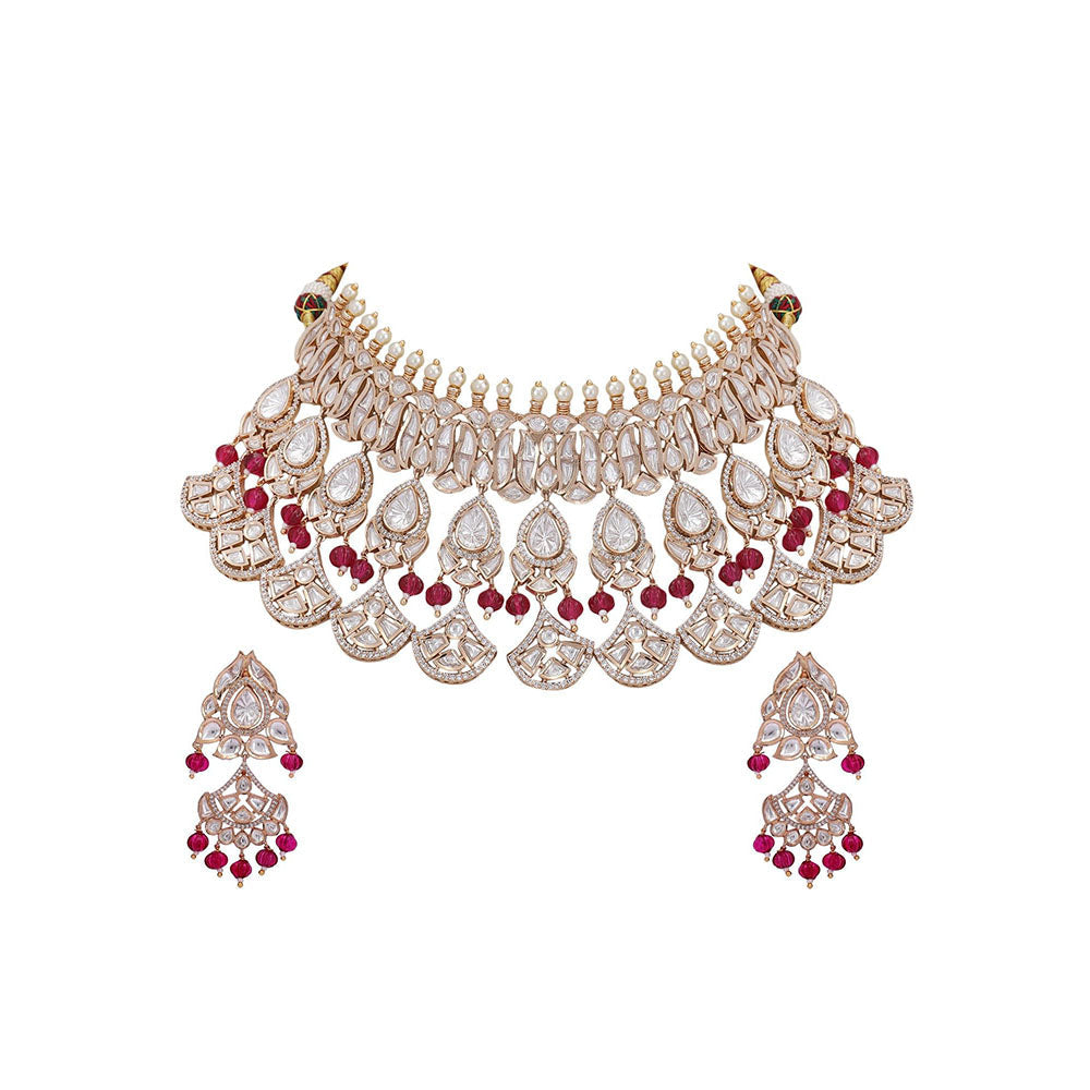 Auraa Trends 22Kt Gold Plated Kundan Red Beads Jewellery Set