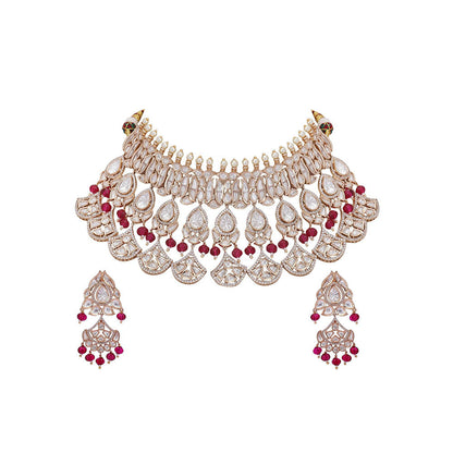 Auraa Trends 22Kt Gold Plated Kundan Red Beads Jewellery Set