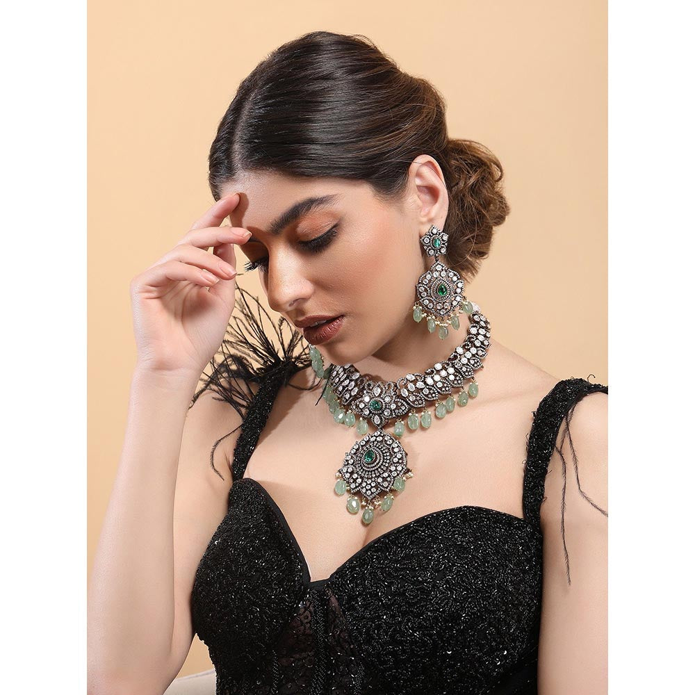 Auraa Trends Rhodium Plated American Diamond Zircon Green Jewellery Set