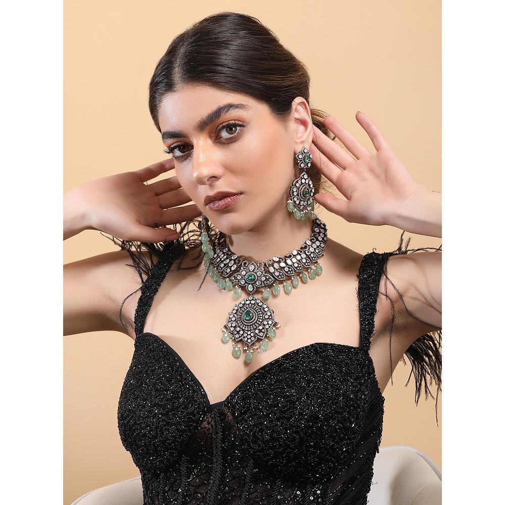 Auraa Trends Rhodium Plated American Diamond Zircon Green Jewellery Set