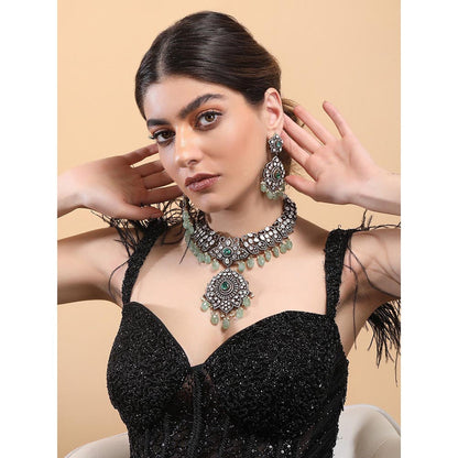 Auraa Trends Rhodium Plated American Diamond Zircon Green Jewellery Set